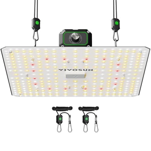 A thin aluminum LED grow board above a row of potted houseplants