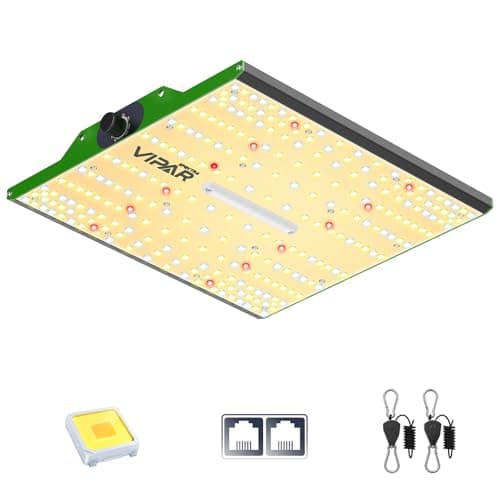 A slim LED grow panel mounted over a shelf of indoor plants